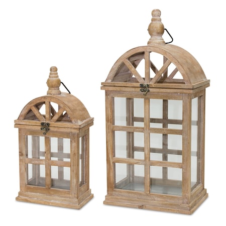 Homeroots Set of Two Natural Distressed Geometric Wood And Glass Floor Lantern Candle Holders, 2PK 516459