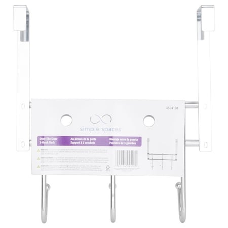 Simple Spaces Door Garment Hook, Each Hook: 4.8 lb, 3-Hook, Steel, Chrome, Hanging Mounting HK06-CH