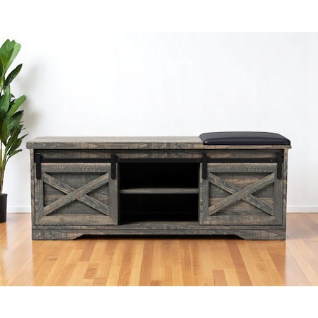 Homeroots 47" Black and Dark Brown Faux Leather and Wood Bench with Shoe Storage And Shelves 632591