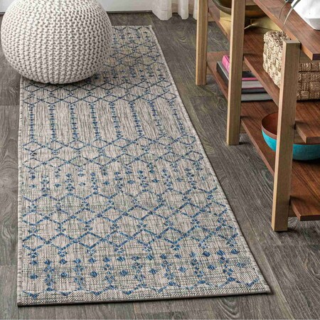 Jonathan Y Ourika Moroccan Geometric Textured Weave Light Gray/Navy 2 ft. x 20 ft. Indoor/Outdoor Runner Rug SMB108A-220