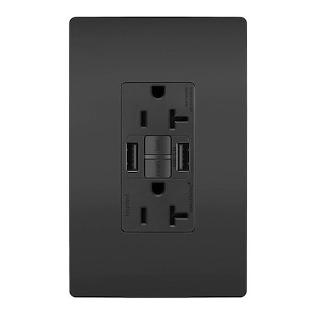 Legrand USB Receptacle, 20 A, Black, Nylon 2097TRUSBAABK