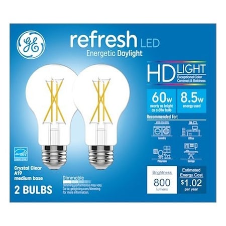 Ge LED Bulb, General-Purpose, A19 Lamp, 60 W Equivalent, E24 Medium Lamp Base, Dimmable, PK2 93129022