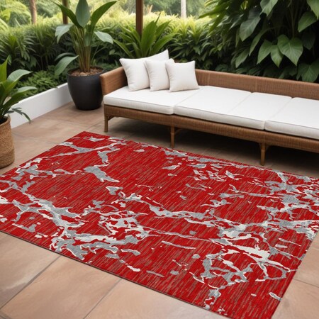 Homeroots 8' X 10' Red Ivory And Gray Striped Washable Indoor Outdoor Area Rug 600921