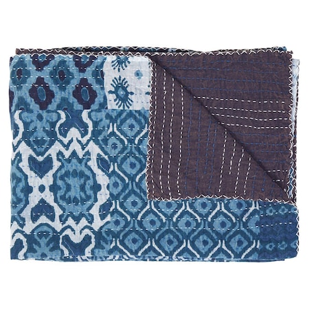 Homeroots 50" X 70" Black And Blue Ikat Cotton Quilted Kantha Throw Blanket with Embroidery 544529