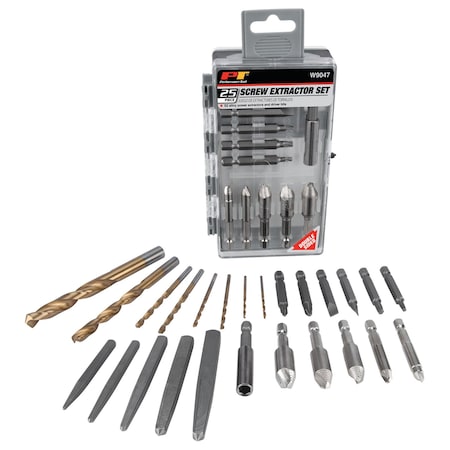 Performance Tool 25 pc. Damaged Screw Extractor, Screw Bolt Remover, HSS, CRV, Case W9047
