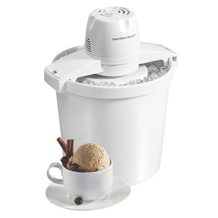 Ham.Beach/Proctor Silex Hamilton Beach Ice Cream Maker, 4 qt, 80 W, On/Off Button Control, Thermoplastic Housing Material, White 68330N