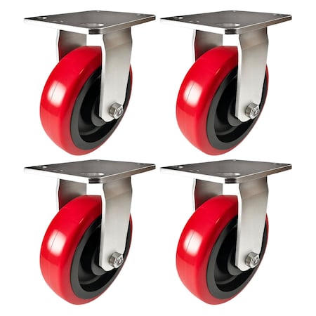 Hyw Products Heavy Duty Caster Set 6in Polyurethane on Plastic Wheels, 4 Rigid, 4PK 40-60R-A1-PU-4