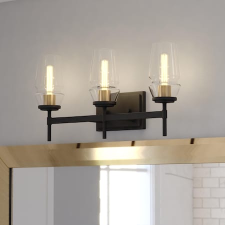 Vaxcel Warren 3 Light Black and Brass Mid Century Modern Bathroom Vanity Wall Fixture Clear Glass W0393