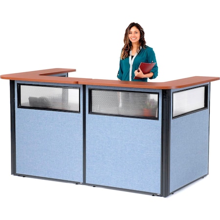 Global Industrial Interion U-Shaped Reception Station w/Window 88" W x 44"D x 44"H Cherry Counter Blue Panel 694902WCB