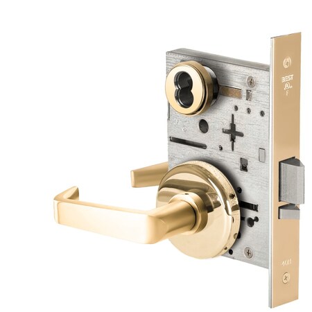 Best Grade 1 Storeroom Mortise Lock, 15 Lever, H Rose, SFIC Housing Less Core, Bright Brass Finish, Fiel 45H7D15H605