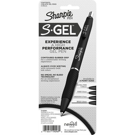 Sharpie S-Gel High-Performance Gel Pen, Retractable, Extra-Fine 0.38 mm, Black Ink, Black Barrel, 4PK 2141125