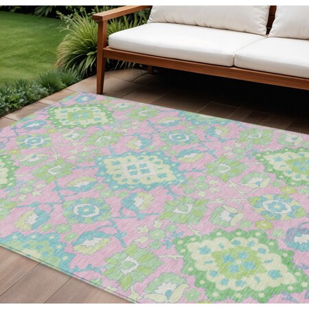 Homeroots 9' X 12' Pink Green And Blue Oriental Washable Indoor Outdoor Area Rug 597708
