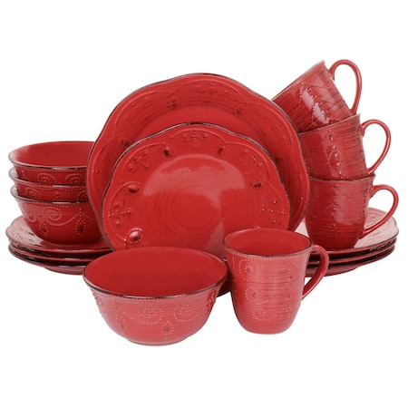 Elama Rustic Birch 16 Piece Stoneware Dinnerware Set in Red EL-RUSTICBIRCHRED