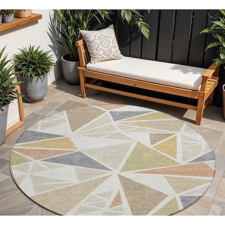 Homeroots 8' Ivory Brown And Green Round Geometric Washable Indoor Outdoor Area Rug 600374