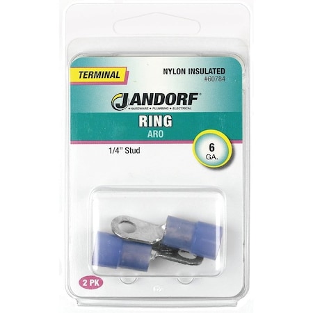 Jandorf Ring Terminal, 6 AWG Wire, 1/4 in Stud, Nylon Insulation, Copper Contact, Blue 60784