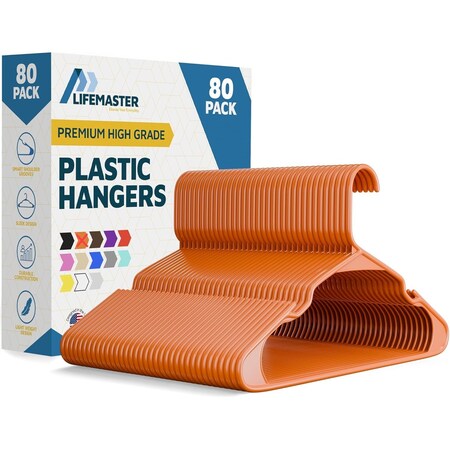 Lifemaster Heavy Duty Plastic Clothes Hangers, Non-Slip, Space-Saving, Holds 5 lbs, Orange, 80PK LMPLCORG80