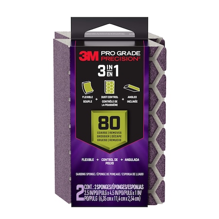 3M Pro Grade Precision 3-in-1 Sanding Sponge, 2.5 in x 4.5 in x 1 in, 80 grit, Coarse, 6/case | For Boats | by West Marine