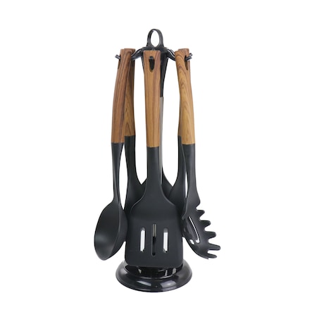 Megachef Black Nylon Cooking Utensils with Wood Design, Set of 7 MGNP-711