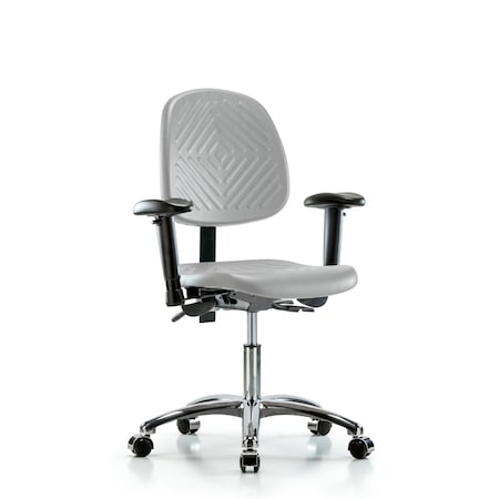 Blue Ridge Ergonomics Polyurethane Chair Chrome - Desk Height with Adjustable Arms & Casters in Gray Polyurethane PDHCH-CR-T0-A1-CC-GRY