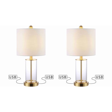 Jonathan Y Abner 21" Glass Modern Contemporary USB Charging LED Table Lamp, Brass Gold, 2PK JYL8500B-SET2