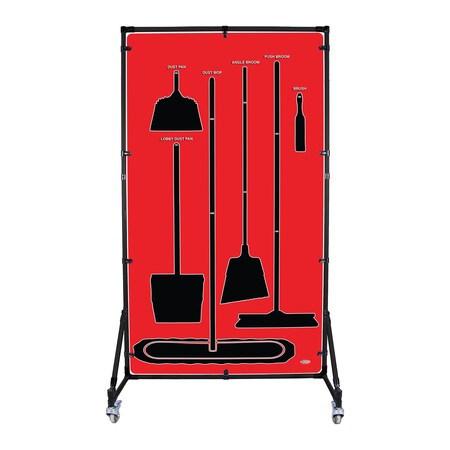5S Supplies Housekeeping Shadow Board Broom Station V2, Red / Black Shadows, Kit + Stand, No Text HSB-V2-RED-KIT-STAND-NO TEXT