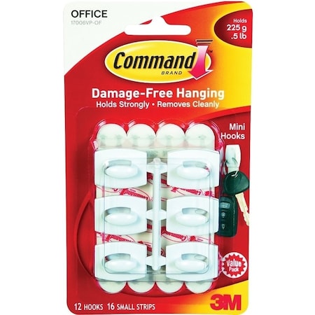 Command Adhesive Hook, 05 lb, 18Hook, Plastic, White 17006-VP