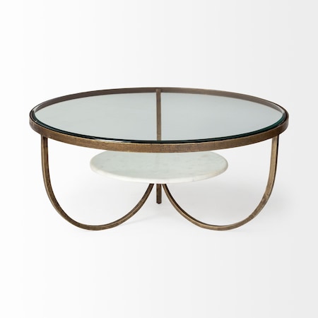Homeroots 36" Brown and Gold Wood and Metal Round Coffee Table With Shelf 376276