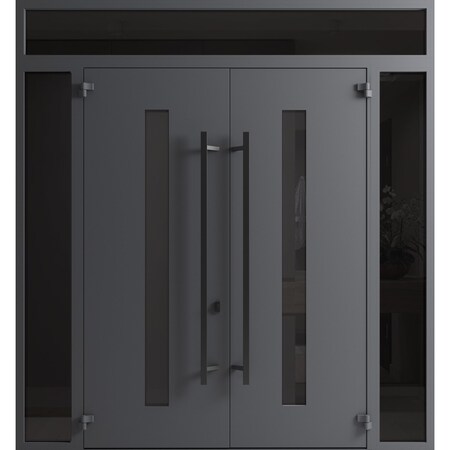 Vdomdoors Front Exterior Prehung Aluminum Double Doors Ronex0130 Grey 2 Sidelights and Top Transom Mirrored RONEX0130DEXD-GRE-W12+72+12xH80+16-LH-I