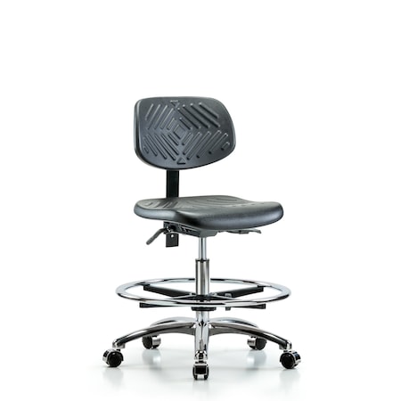 Blue Ridge Ergonomics Chair, Poly, Med Bench, Chrome CF Casters, No Arms, 19-1/2" to 27-1/2" Height, Black; Blue BR-PMBCH-CR-T0-A0-CF-CC