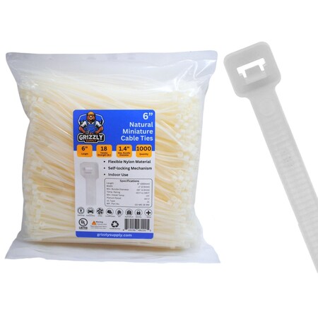 Grizzly Supply Cable Tie, 6 in L, 18 lb Strength, 1.4 in Max Bundle Dia, Nylon 6/6, Natural, 1000PK GS-M6-18-9M