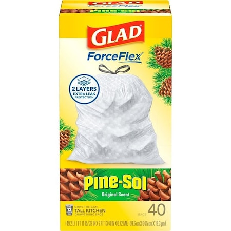 Glad ForceFlex Series Pine-Sol Scented Trash Bag, 13 gal, Plastic, White, 40PK 22372