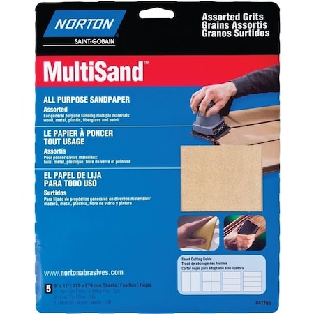 Norton Co MultiSand 076607 Sanding Sheet, 11 in L, 9 in W, Aluminum Oxide Abrasive, Paper Backing 47765