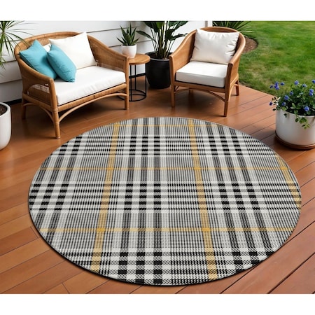 Homeroots 8' Black Gold And Ivory Round Plaid Washable Indoor Outdoor Area Rug 601454