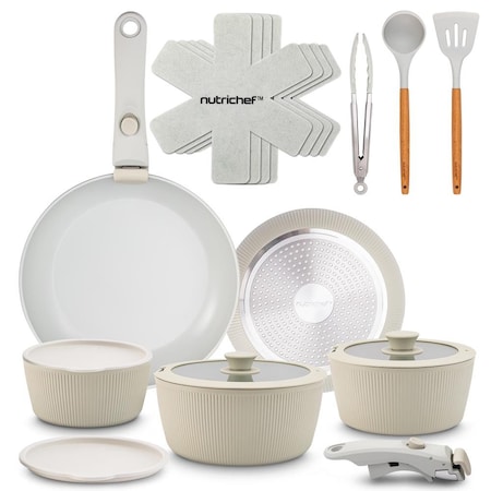 Nutrichef 18-Piece Ceramic Cookware Set with Detachable Handles, Non Stick Pots and Pans, PTFE-Free Natural NCCS18DTHGN