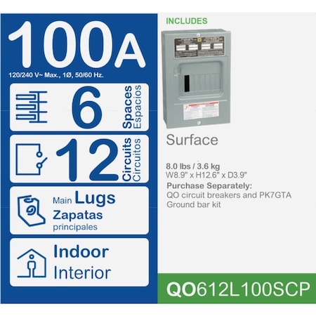 Square D QO 100A 6-Space 12-Circuit Indoor Main Lug Load Center QO612L100SCP