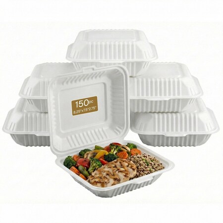 Eco Harmony Products Clamshell Hinged Food Storage Container, MFPP, Center Slide, 8.25" x 7.5", 150PK 804598