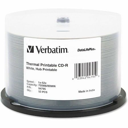 Verbatim CD-R 700MB 52X DataLifePlus White Inkjet Printable, Hub Printable - 50pk Spindle 94755
