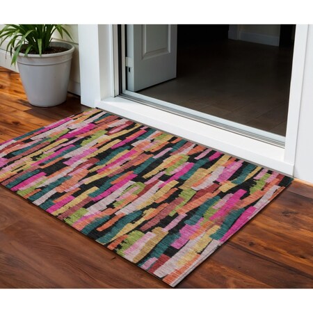 Homeroots 3' X 5' Pink Black And Green Striped Washable Indoor Outdoor Area Rug 603227