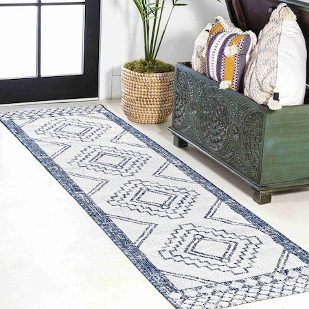 Jonathan Y Marokko Diamond Tribal Medallion Ivory/Blue 2 ft. x 10 ft. Indoor/Outdoor Runner Rug SMB127C-210