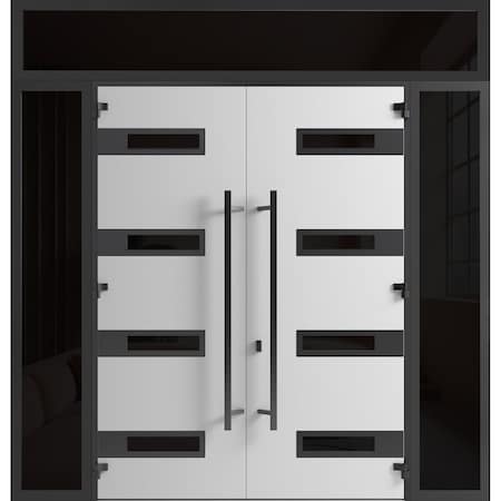 Vdomdoors Front Exterior Prehung Aluminum Double Doors Ronex0131 Grey 2 Sidelights and Top Transom Mirrored RONEX0131DEXD-GRE-W16+72+16xH96+14-LH-I
