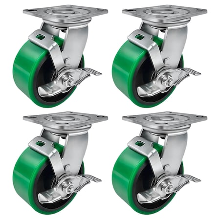 Hyw Products Heavy Duty Caster Set 5in Green Polyurethane on Cast Iron Wheels, 4 Swivel with Brake, 4PK 40-50S-A1-PC-TB-4 (G)