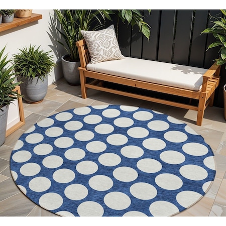 Homeroots 8' Navy Blue And Ivory Round Polka Dot Washable Indoor Outdoor Area Rug 595255
