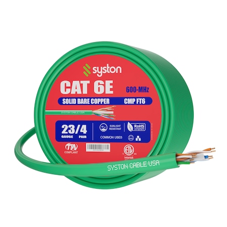 Syston Cable Technology Cat 6e Ethernet Data Cable Bulk, 20ft Green, 600MHz 23AWG Solid Copper, CMP Plenum-Rated for PoE BULK1259-20GN