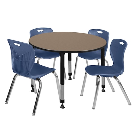 Regency Round Kee Adjustable Classroom Table W/ 4 Andy Stack Chairs, 48 in W, 48 in L, Noble Oak TB48RNDNOAPBK40NV