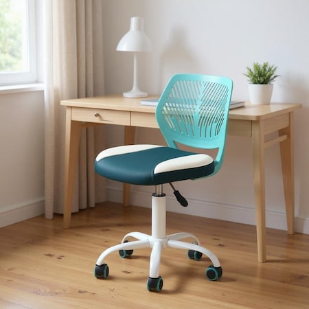 Homeroots Aqua Teal Blue and White Adjustable Height Swivel Rolling Office Chair 568070