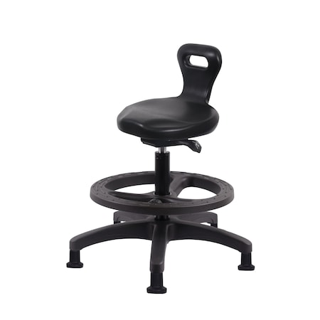 Blue Ridge Ergonomics Poly Serpent Sit-Stand Stool-Medium Bench Ht with Black Foot Ring & Stationary Glides in Black Poly PSPMBSO-RG-BF-RG-BLK