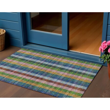 3' X 5' Navy Blue Pink And Sage Plaid Washable Indoor Outdoor Area Rug