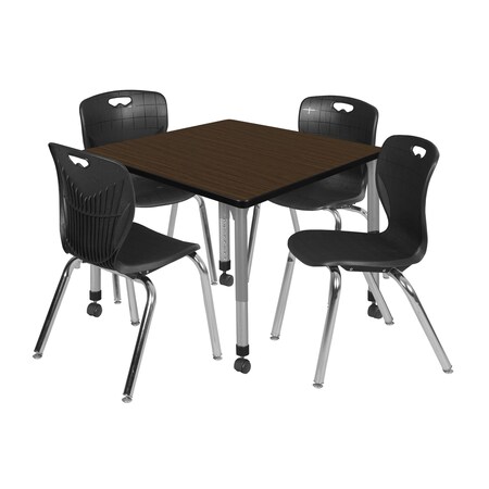 Regency Square Kee Mobile Adjustable Classroom Table W/ 4 Andy Chairs, 42 in W, 42 in L, Neo Walnut TB4242NWAPCGY40BK