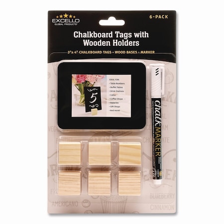 Excello Global Products Tabletop Chalkboard Tag, Black Surface, Teak Wood Holder, 3 x 4, 6PK EGP-HD-0508-S