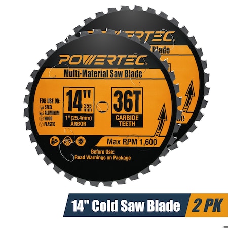 Powertec 14in Cold Saw Blade Multi-Material, 1in Arbor, 36T TCG Cemented Carbide - 1600 Max RPM, 2PK 14013-P2